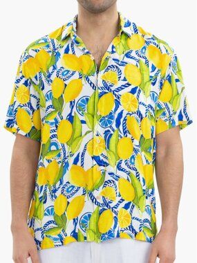 Kenny Flowers Bossitano Button Up Shirt Mens Large Lemon Print Summer Vacation